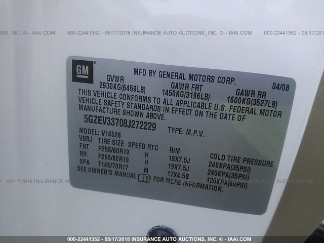 5GZEV33708J272229 - 2008 SATURN OUTLOOK XR/TOURING 白色 照片 9