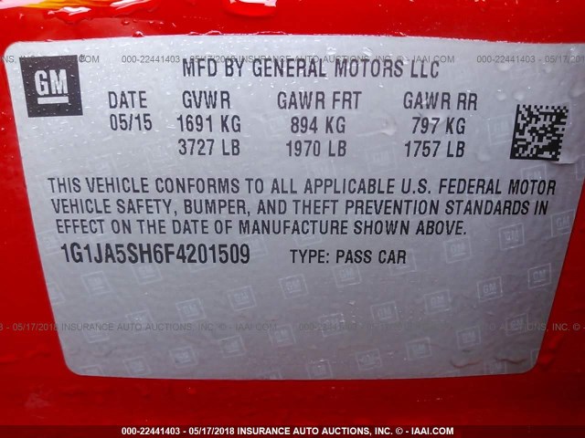 1G1JA5SH6F4201509 - 2015 CHEVROLET SONIC LS RED photo 9