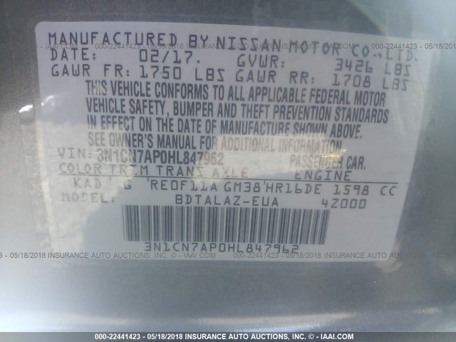 3N1CN7AP0HL847962 - 2017 NISSAN VERSA S/S PLUS/SV/SL GRAY photo 9