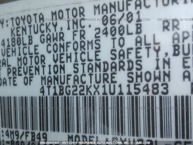 4T1BG22KX1U115483 - 2001 TOYOTA CAMRY CE/LE/XLE GOLD photo 9