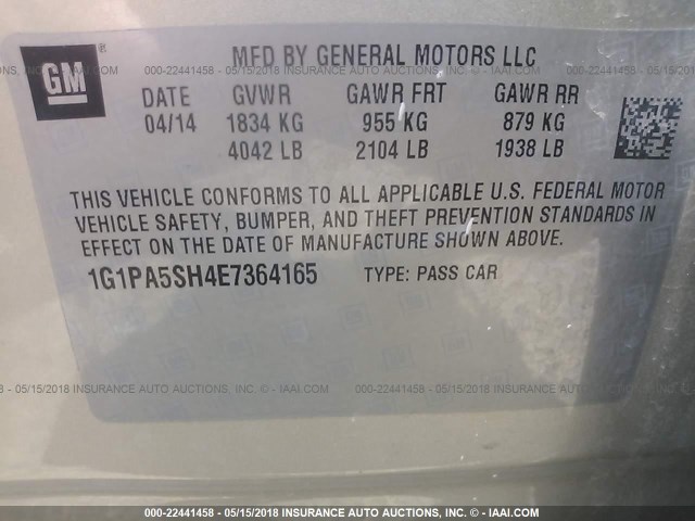 1G1PA5SH4E7364165 - 2014 CHEVROLET CRUZE LS 棕色 照片 9