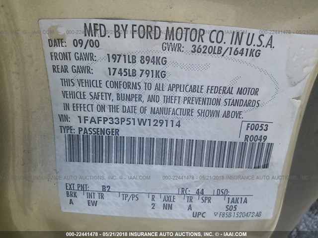 1FAFP33P51W129114 - 2001 FORD FOCUS LX GOLD photo 9