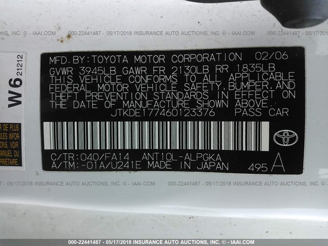 JTKDE177460123376 - 2006 TOYOTA SCION TC 白色 照片 9