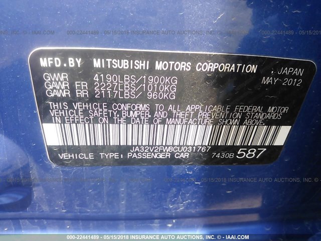 JA32V2FW8CU031767 - 2012 MITSUBISHI LANCER SE BLUE photo 9