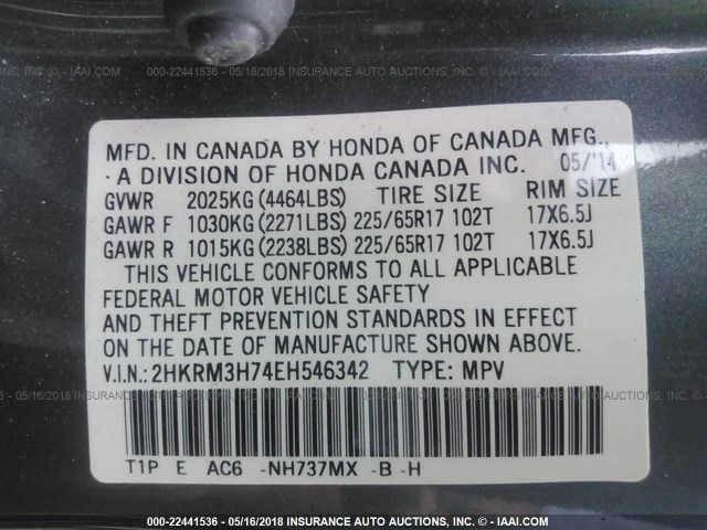 2HKRM3H74EH546342 - 2014 HONDA CR-V EXL GRAY photo 9