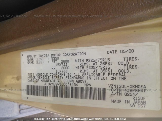 JT3VN39W3L0043434 - 1990 TOYOTA 4RUNNER VN39 SR5 金色 照片 9