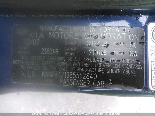 KNAFE121385552840 - 2008 KIA SPECTRA EX/LX/SX BLUE photo 9