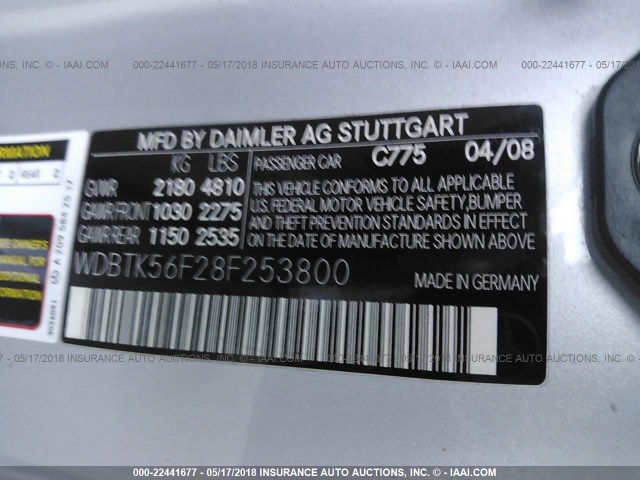 WDBTK56F28F253800 - 2008 MERCEDES-BENZ CLK 350 SILVER photo 9