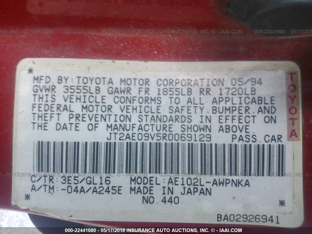 JT2AE09V5R0069129 - 1994 TOYOTA COROLLA DX RED photo 9