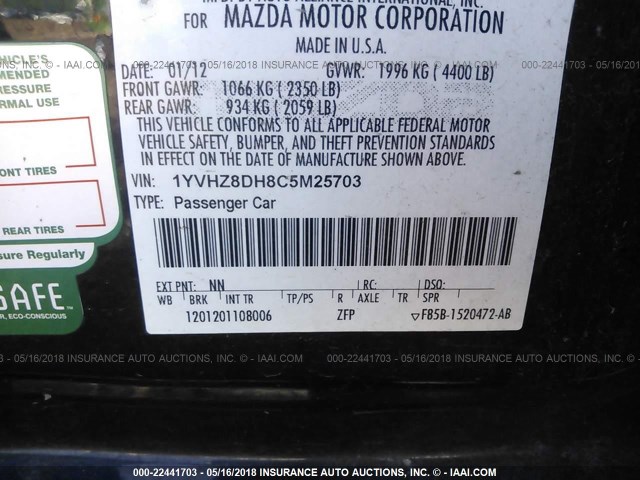 1YVHZ8DH8C5M25703 - 2012 MAZDA 6 I 黑色 照片 9