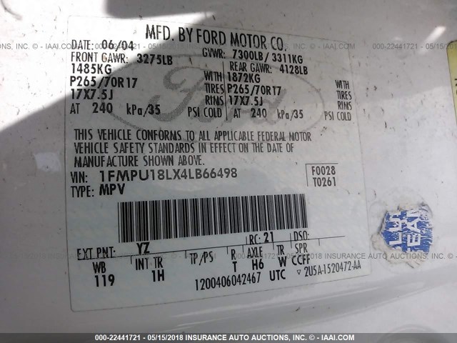 1FMPU18LX4LB66498 - 2004 FORD EXPEDITION EDDIE BAUER WHITE photo 9