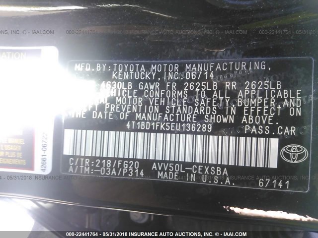 4T1BD1FK5EU136289 - 2014 TOYOTA CAMRY HYBRID/LE/XLE 黑色 照片 9