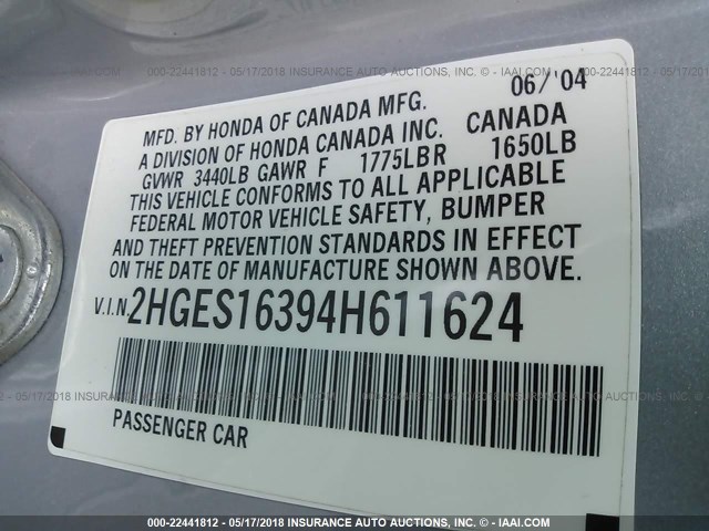 2HGES16394H611624 - 2004 HONDA CIVIC DX VP Boz foto 9