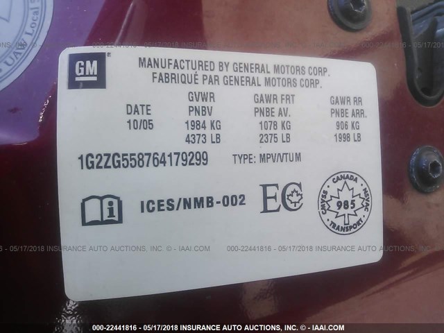 1G2ZG558764179299 - 2006 PONTIAC G6 SE1 RED photo 9