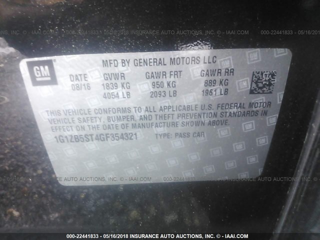 1G1ZB5ST4GF354321 - 2016 CHEVROLET MALIBU LS BLACK photo 9