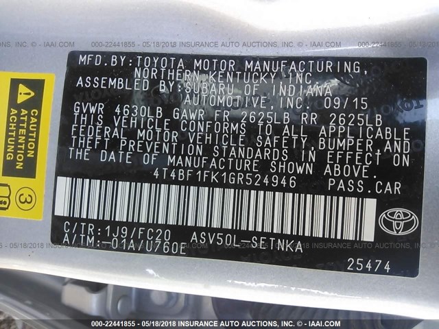 4T4BF1FK1GR524946 - 2016 TOYOTA CAMRY LE/XLE/SE/XSE SILVER photo 9