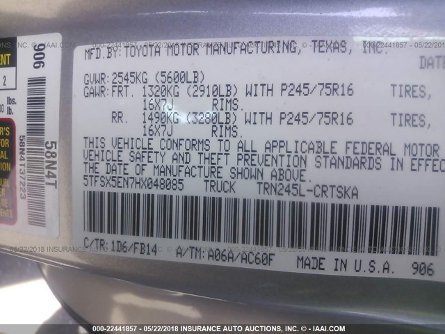 5TFSX5EN7HX048085 - 2017 TOYOTA TACOMA ACCESS CAB/SR/SR5 ვერცხლისფერი ფოტო 9