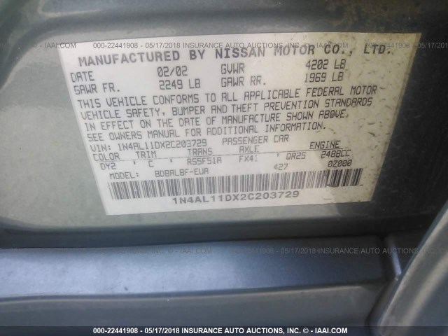 1N4AL11DX2C203729 - 2002 NISSAN ALTIMA S/SL GRAY photo 9