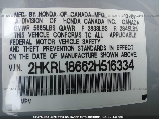 2HKRL18662H516334 - 2002 HONDA ODYSSEY EX SILVER photo 9