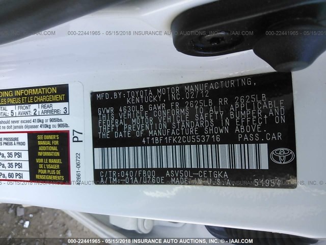 4T1BF1FK2CU553716 - 2012 TOYOTA CAMRY SE/LE/XLE WHITE photo 9