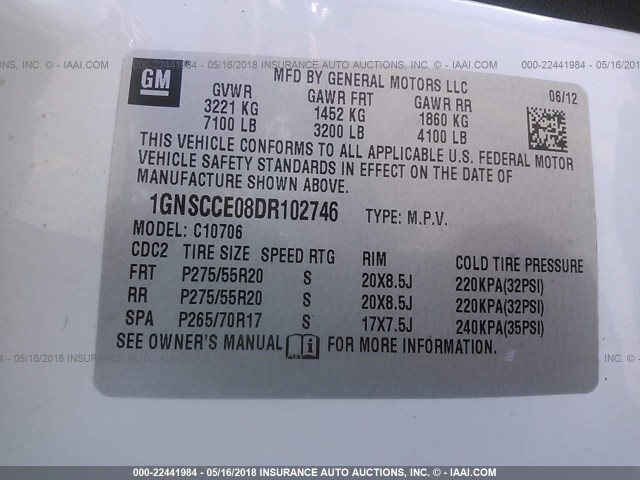 1GNSCCE08DR102746 - 2013 CHEVROLET TAHOE C1500 LTZ WHITE photo 9