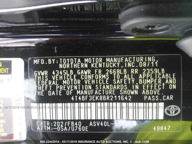4T4BF3EK8BR211642 - 2011 TOYOTA CAMRY SE/LE/XLE BLACK photo 9