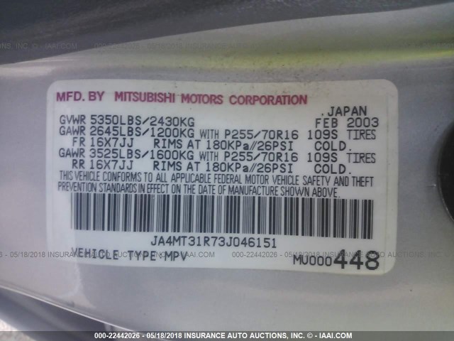 JA4MT31R73J046151 - 2003 MITSUBISHI MONTERO SPORT XLS SILVER photo 9