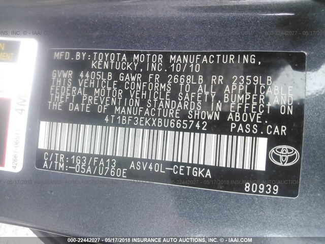 4T1BF3EKXBU665742 - 2011 TOYOTA CAMRY SE/LE/XLE GRAY photo 9