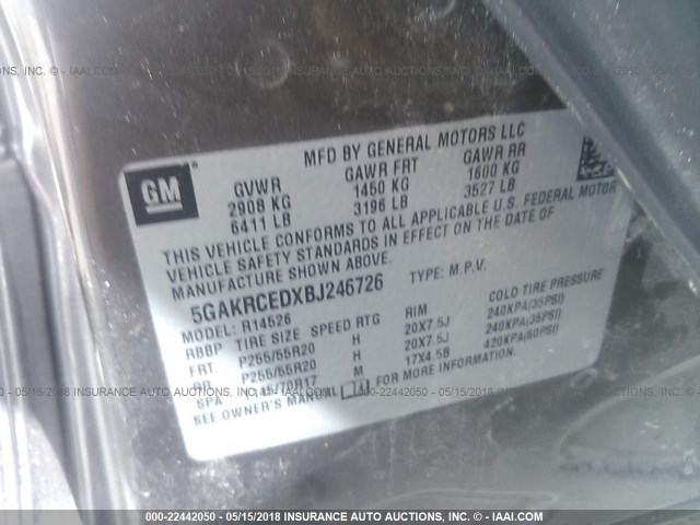 5GAKRCEDXBJ246726 - 2011 BUICK ENCLAVE CXL Marron photo 9