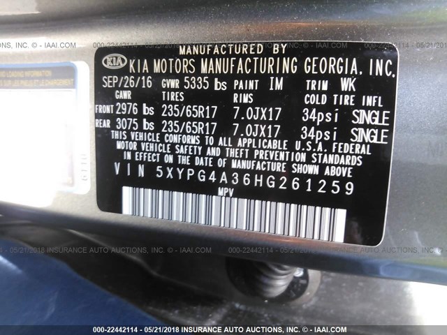 5XYPG4A36HG261259 - 2017 KIA SORENTO LX/L GRAY photo 9