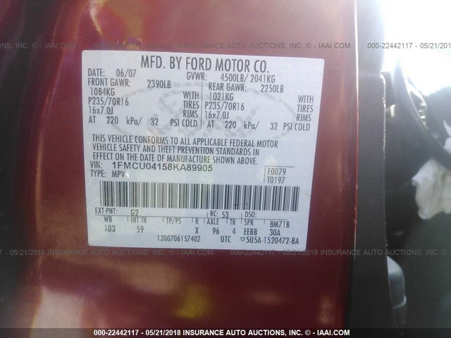 1FMCU04158KA89905 - 2008 FORD ESCAPE LIMITED RED photo 9