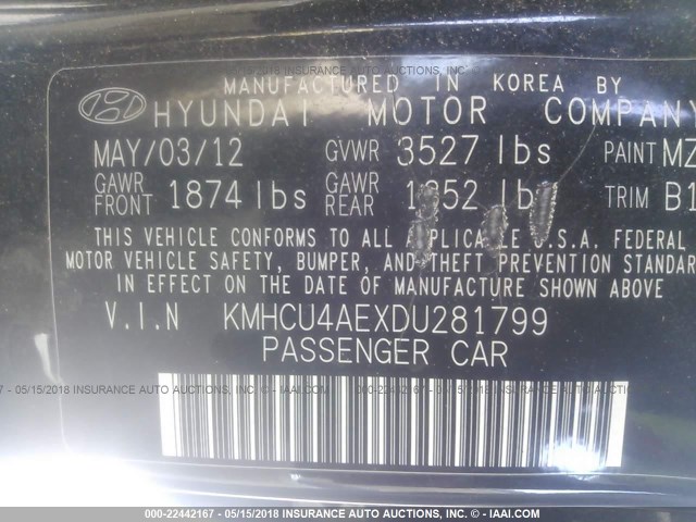 KMHCU4AEXDU281799 - 2013 HYUNDAI ACCENT GLS/SE BLACK photo 9