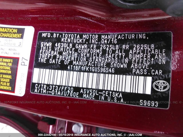 4T1BF1FK1GU596546 - 2016 TOYOTA CAMRY LE/XLE/SE/XSE წითელი ფოტო 9