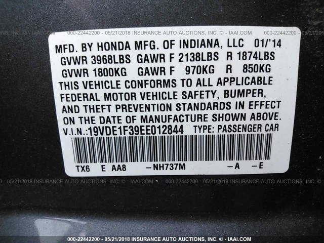 19VDE1F39EE012844 - 2014 ACURA ILX 20 GRAY photo 9