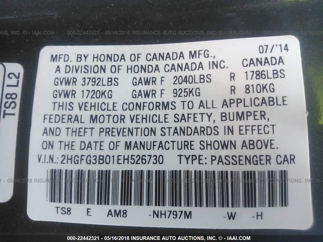 2HGFG3B01EH526730 - 2014 HONDA CIVIC EXL Gümüş foto 9