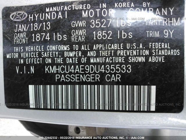 KMHCU4AE9DU435533 - 2013 HYUNDAI ACCENT GLS/SE SILVER photo 9