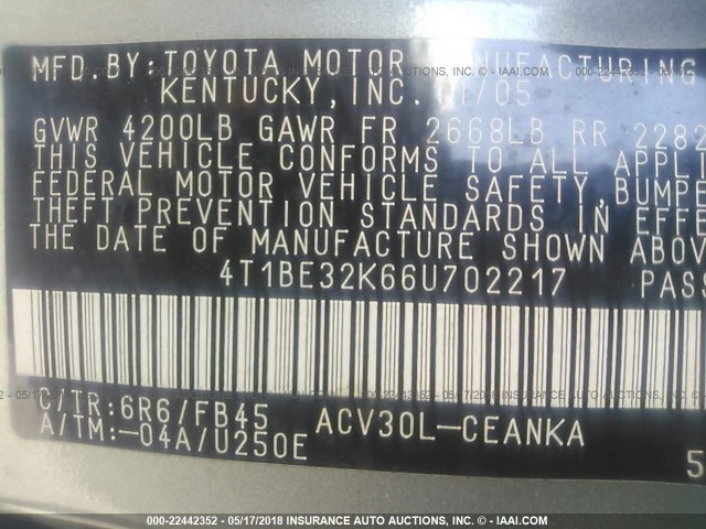 4T1BE32K66U702217 - 2006 TOYOTA CAMRY LE/XLE/SE მწვანე ფოტო 9