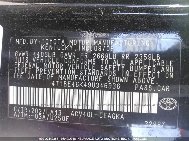 4T1BE46K49U346936 - 2009 TOYOTA CAMRY SE/LE/XLE BLACK photo 9