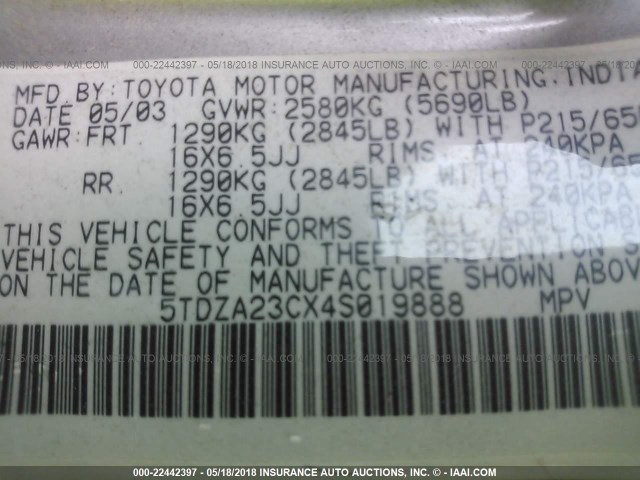 5TDZA23CX4S019888 - 2004 TOYOTA SIENNA CE/LE SILVER photo 9