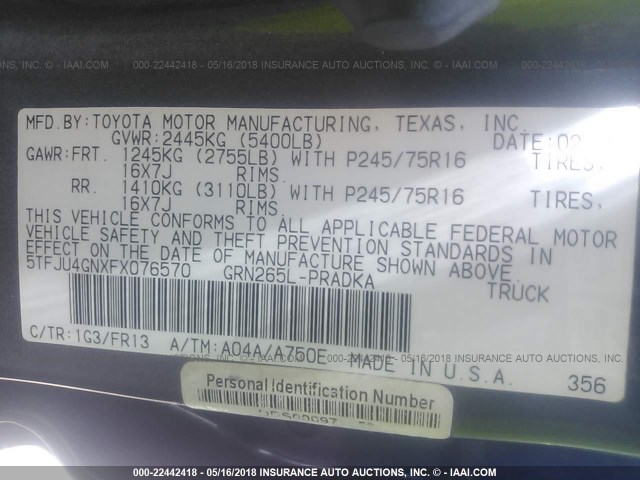 5TFJU4GNXFX076570 - 2015 TOYOTA TACOMA DOUBLE CAB PRERUNNER GRAY photo 9