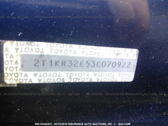2T1KR32E53C070922 - 2003 TOYOTA COROLLA MATRIX XR BLUE photo 9