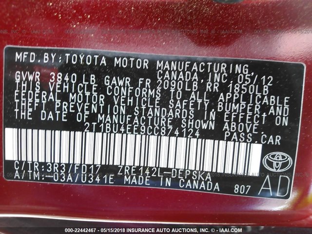 2T1BU4EE9CC874124 - 2012 TOYOTA COROLLA S/LE RED photo 9