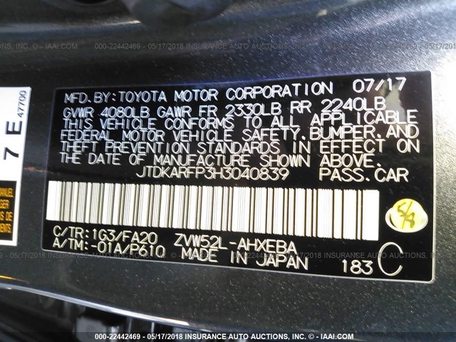 JTDKARFP3H3040839 - 2017 TOYOTA PRIUS PRIME  GRAY photo 9