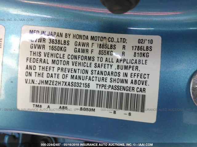 JHMZE2H7XAS032156 - 2010 HONDA INSIGHT EX BLUE photo 9