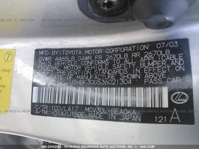 JTHBF30G536021304 - 2003 LEXUS ES 300 SILVER photo 9