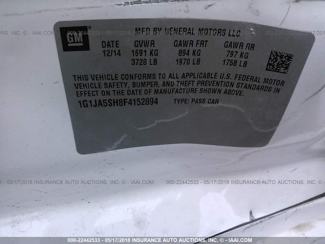 1G1JA5SH8F4152894 - 2015 CHEVROLET SONIC LS 白色 照片 9