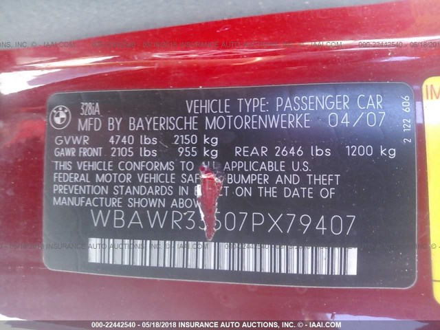 WBAWR33507PX79407 - 2007 BMW 328 I SULEV RED photo 9