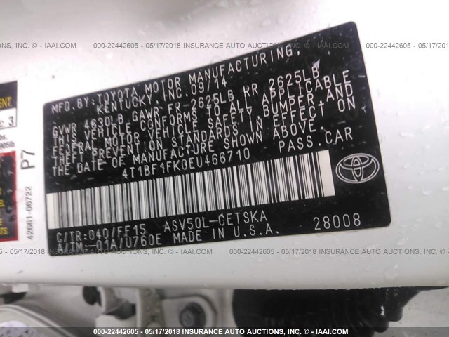 4T1BF1FK0EU466710 - 2014 TOYOTA CAMRY L/SE/LE/XLE WHITE photo 9