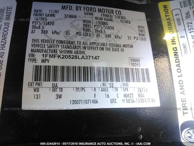 1FMFK20528LA37147 - 2008 FORD EXPEDITION EL LIMITED BLACK photo 9