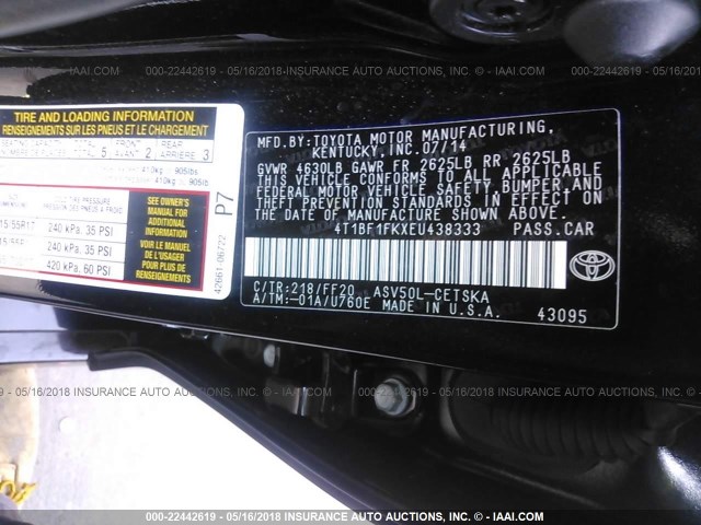 4T1BF1FKXEU438333 - 2014 TOYOTA CAMRY L/SE/LE/XLE 黑色 照片 9
